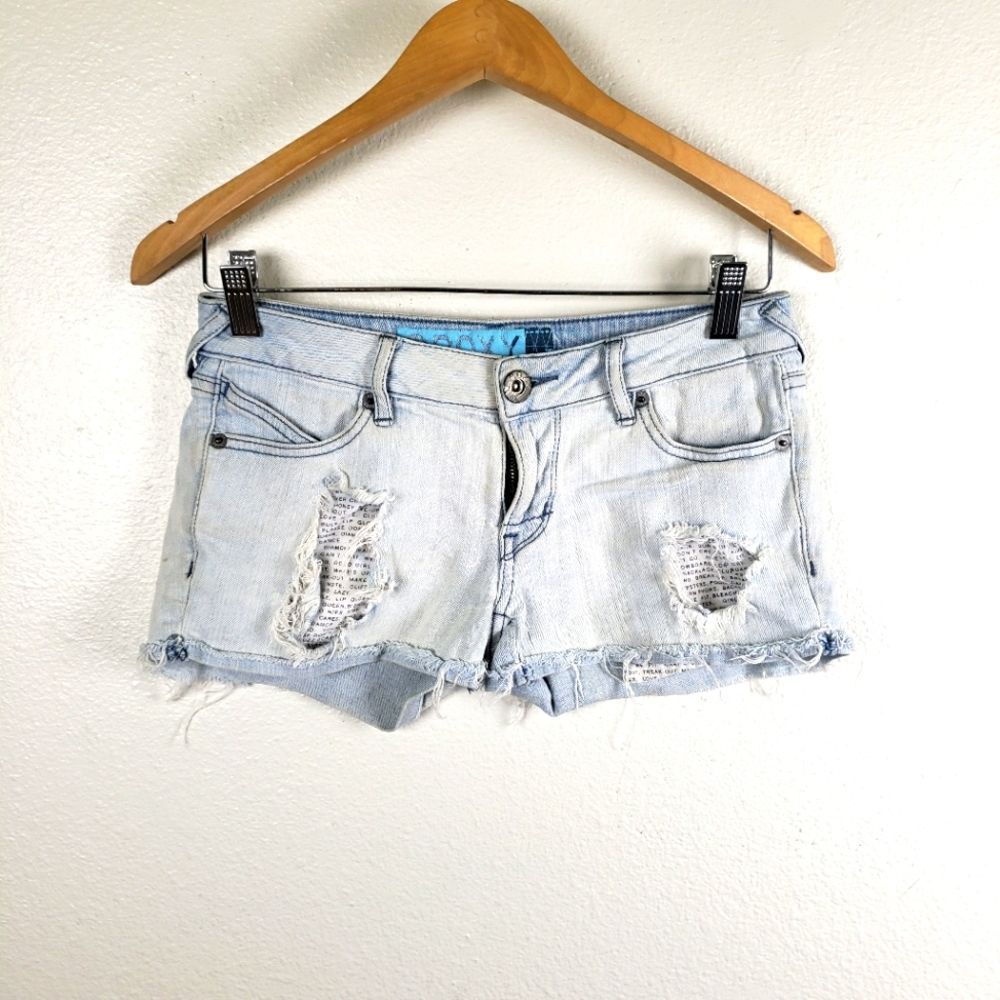 Roxy Y2K Denim Shorts 3 Distressed Graphic Light Wash Frayed Hem Low Rise Surf